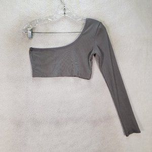 Maniere De Voir Gray Ribbed Knit Stretch One Shoulder Sexy Crop Top Blouse